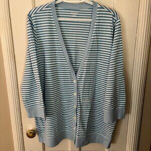 LANDS' END BLUE-AND-WHITE STRIPED COTTON KNIT 3/4 SLEEVE CARDIGAN, 1X, NWOT